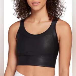 Calia Sculpt Leather Seamed Long Line High Impact Support Sports Bra in Black